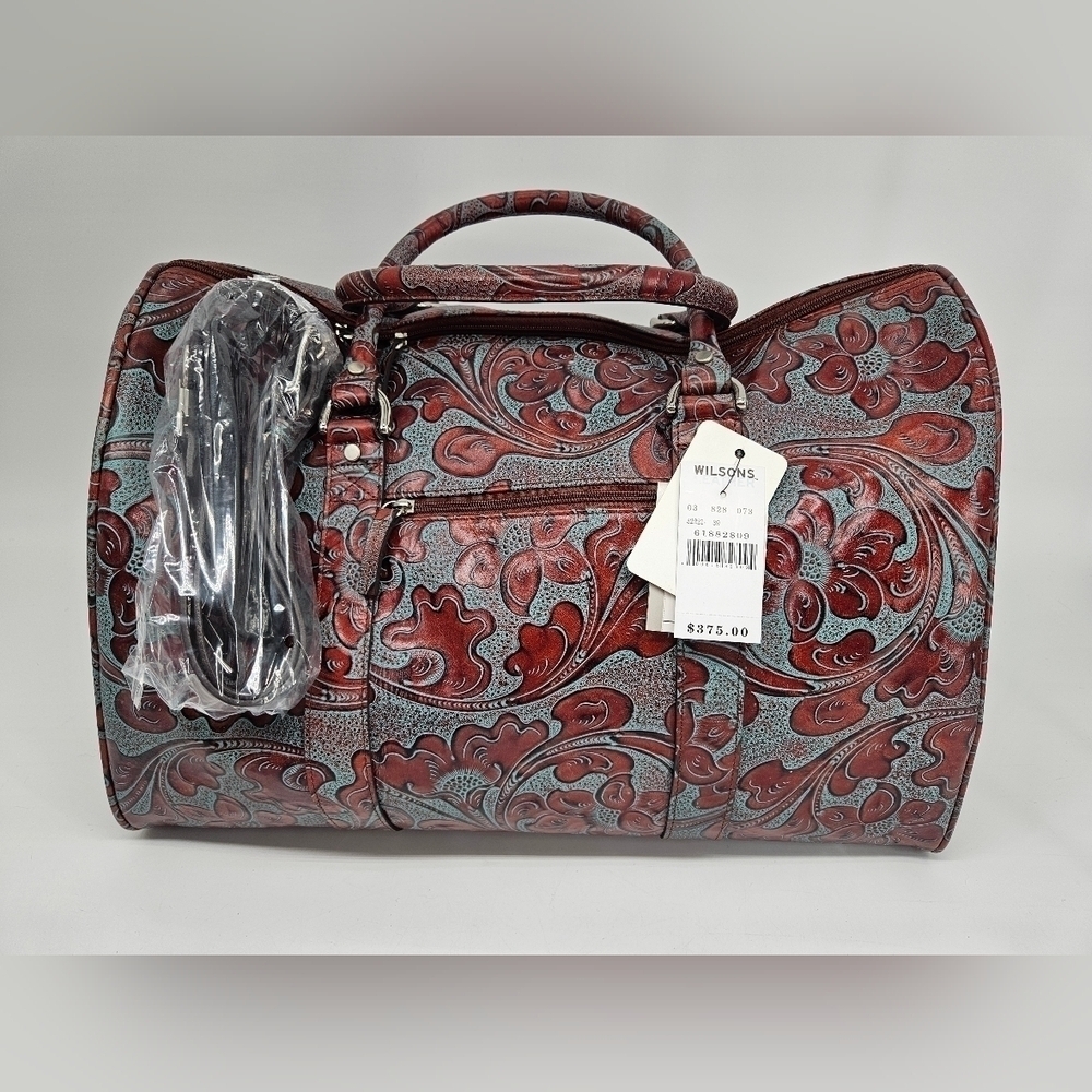 Wilson Leather Pelle Studio HAND TOOLDED Brown & Blue Leather Carry On Duffle - Picture 1 of 12
